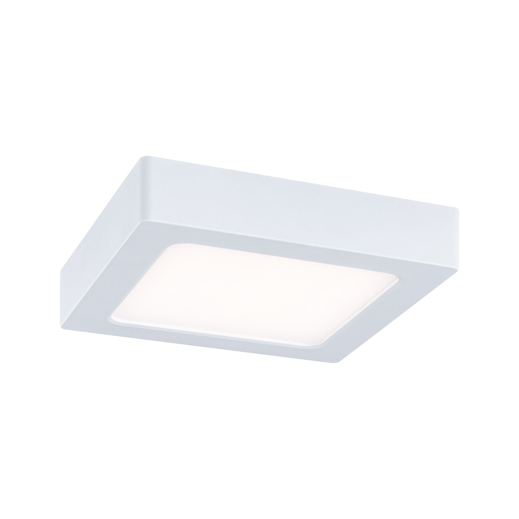 Square white LED ceiling light made of plastic with warm white light for living spaces
