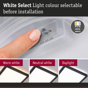 White light colour selector before installation with three LED ceiling lights in warm, neutral, and daylight