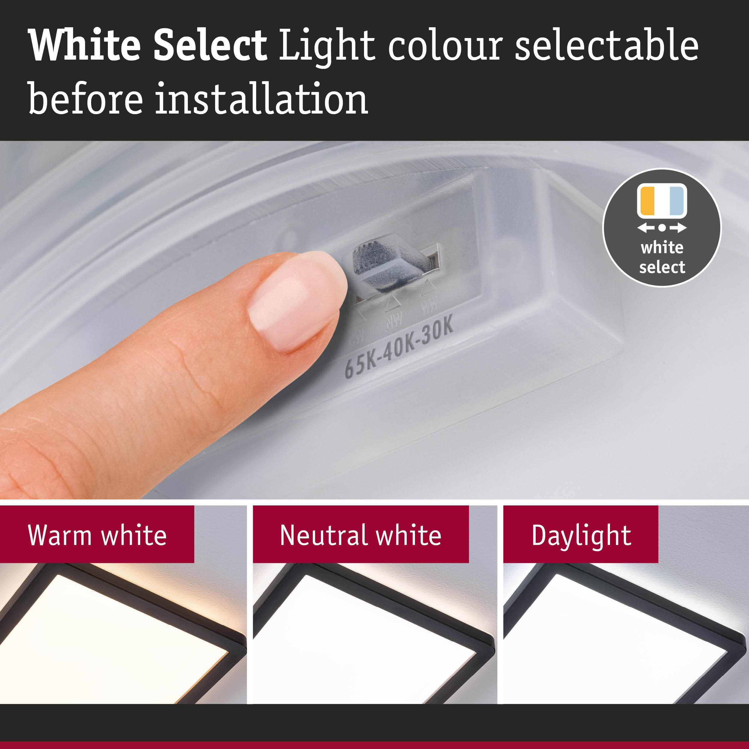 White light colour selector before installation with three LED ceiling lights in warm, neutral, and daylight
