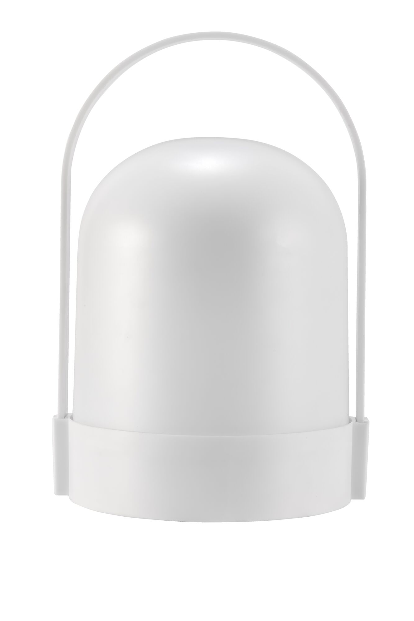 Moderne hvid LED-bordlampe med afrundet design og praktisk plastik håndtag til bærbar belysning