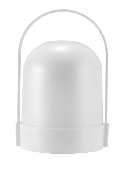 Moderne witte LED-tafellamp met afgerond ontwerp en praktische kunststof handgreep voor draagbaar gebruik