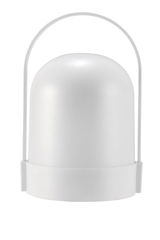 Modern white LED table lamp with rounded design and practical plastic handle for portable lighting