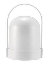Modern white LED table lamp with rounded design and practical plastic handle for portable lighting