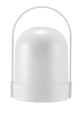 Moderne witte LED-tafellamp met afgerond ontwerp en praktische kunststof handgreep voor draagbaar gebruik