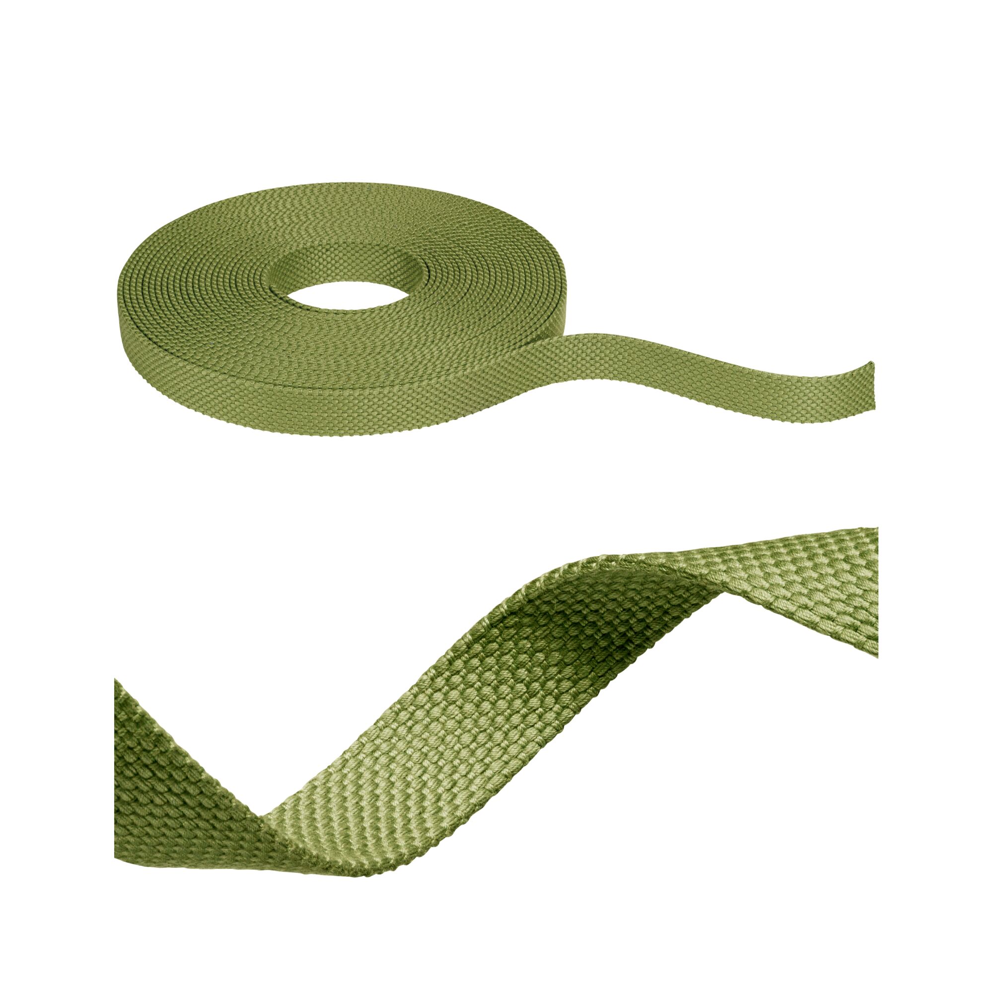 Grünes Textilband aus robustem Material, ideal für Befestigungen und Dekorationen im Heimwerkerbereich.