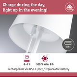 White lamp with USB-C port and rechargeable battery, 6-7 hours charging, 8 hours lighting time