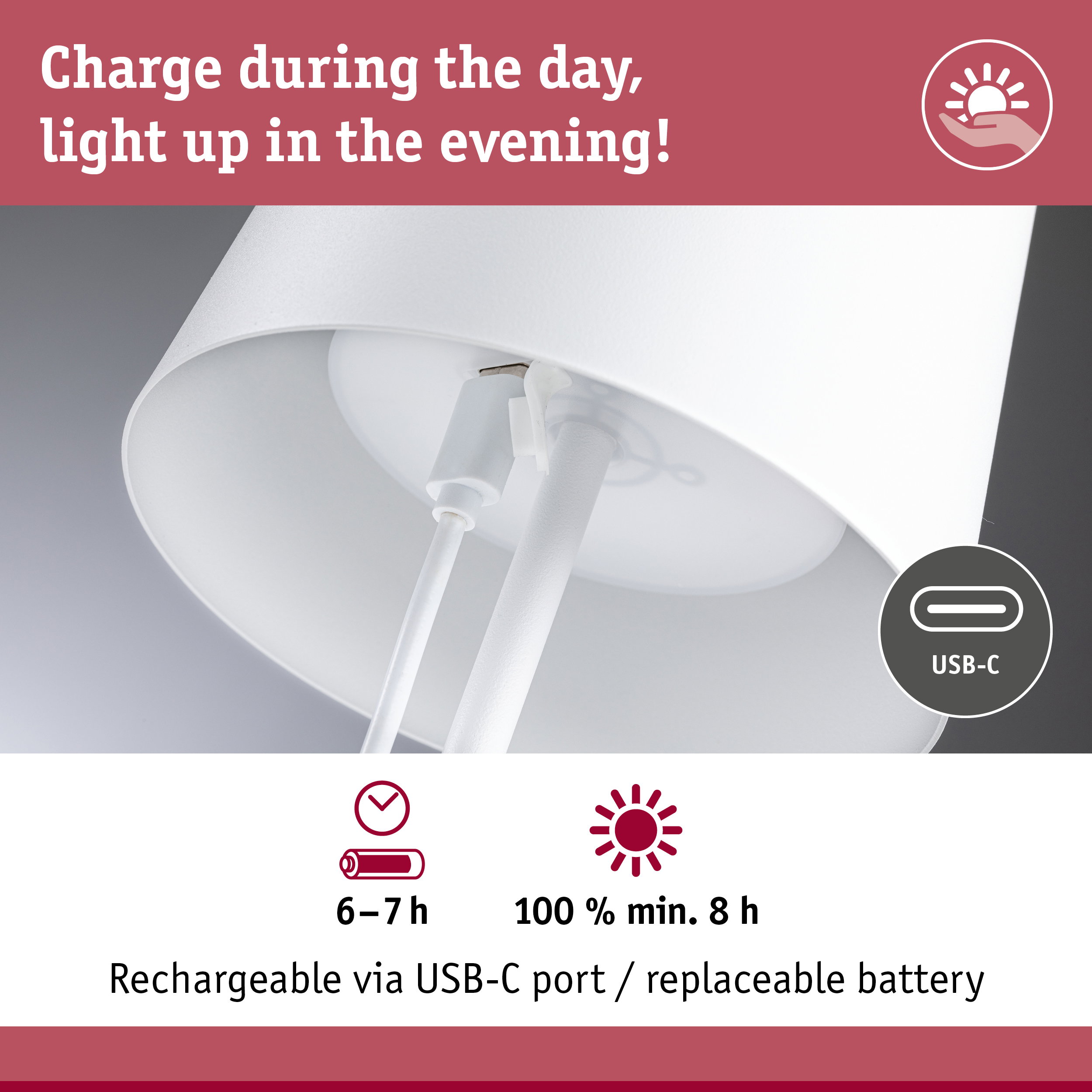 White lamp with USB-C charging port and replaceable battery for 6-7 hours lighting