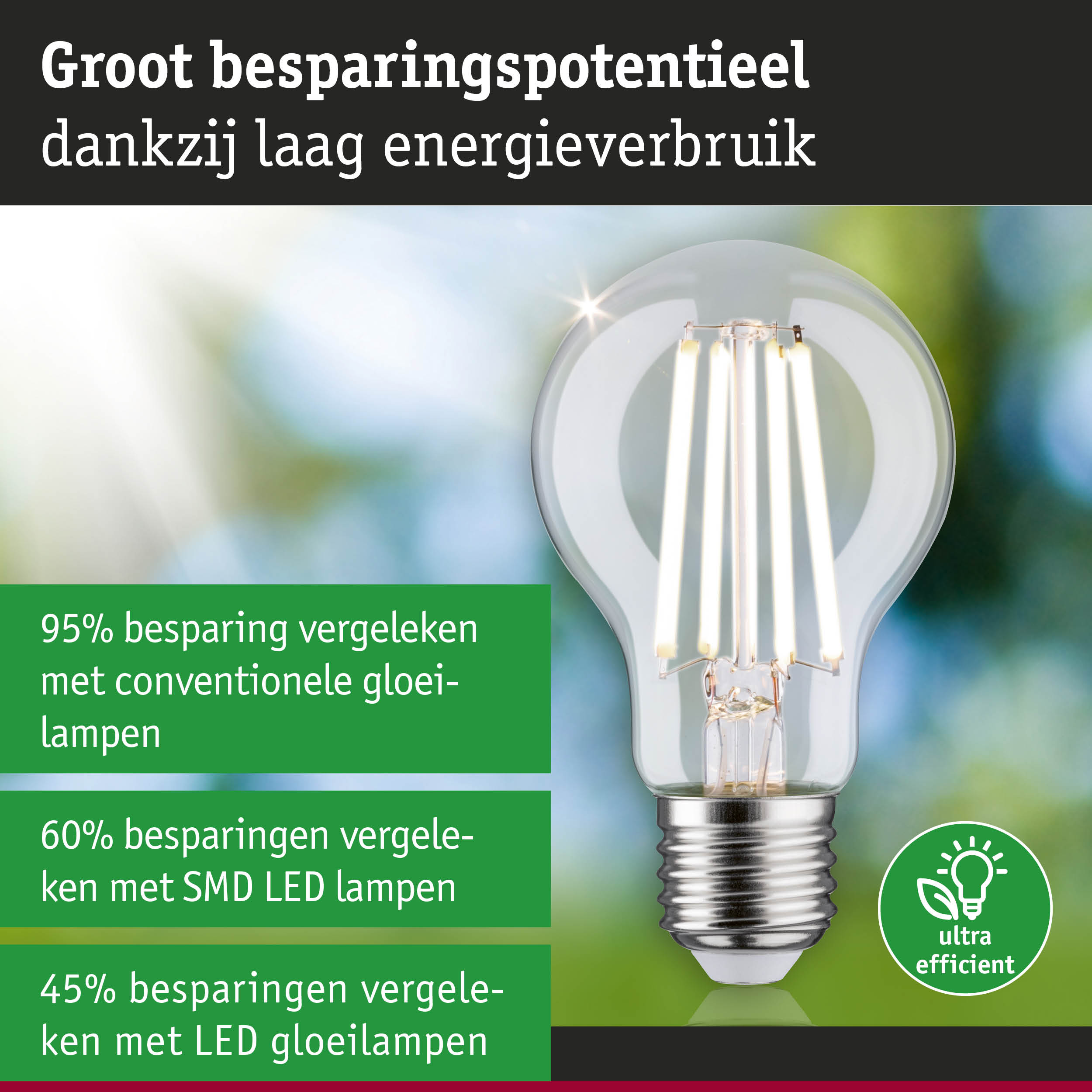 Ultra efficiënte LED gloeilamp met helder glas en metalen fitting toont besparingspotentieel