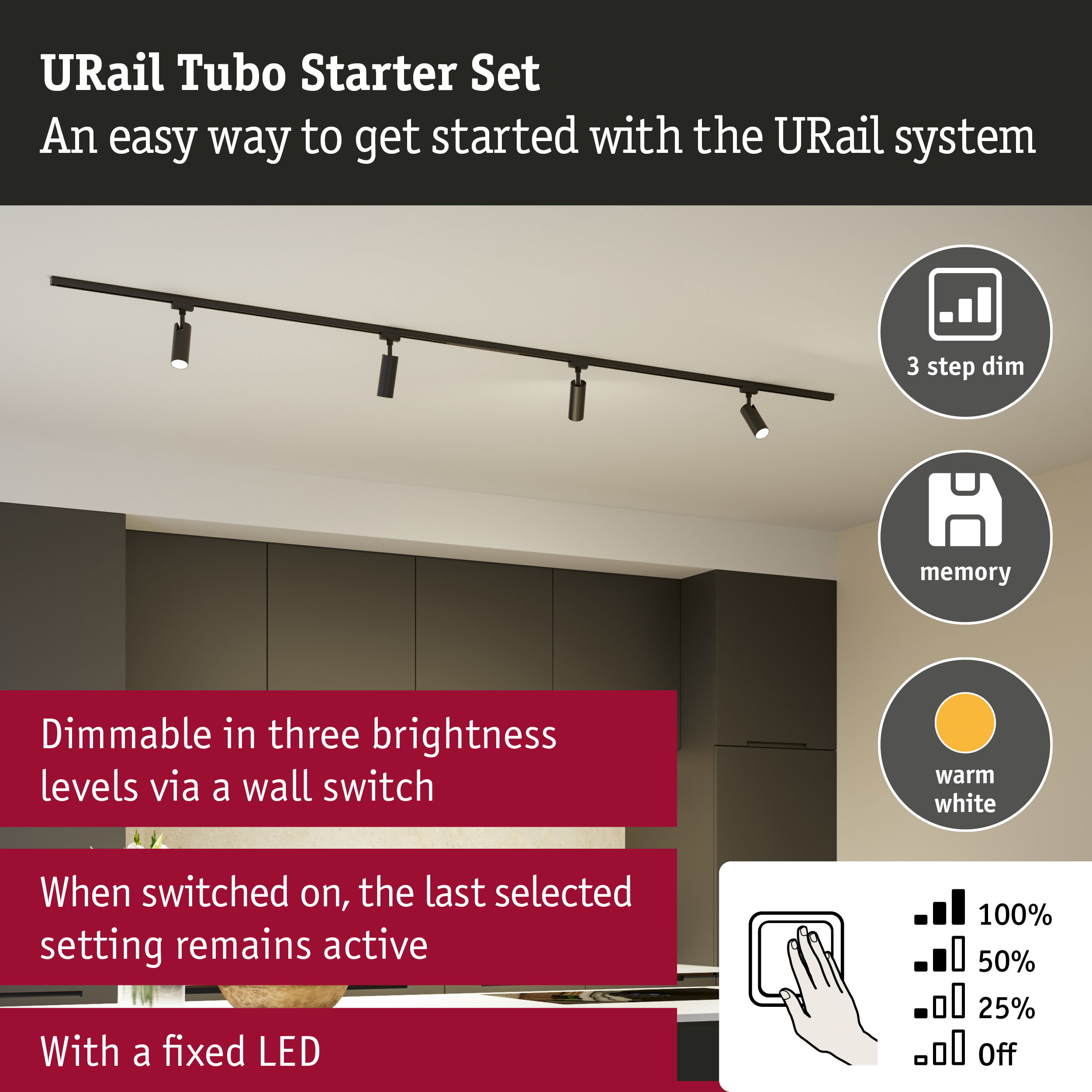 URail Rail spot Tubo Starter set 4x250lm 4x4,5W 3000K 230V Black matt
