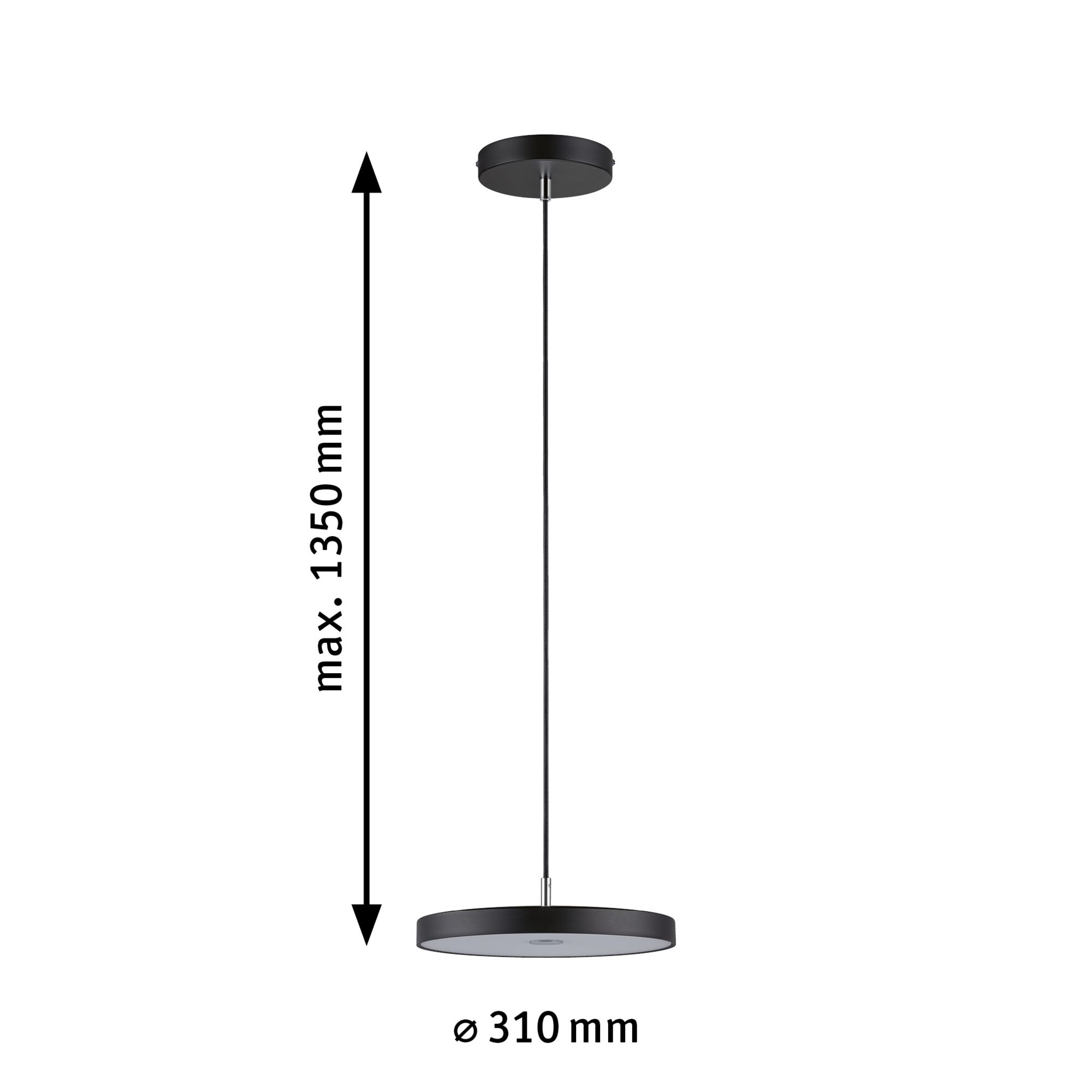 Schwarze runde LED-Pendelleuchte aus Metall mit 310 mm Durchmesser und 1350 mm Länge