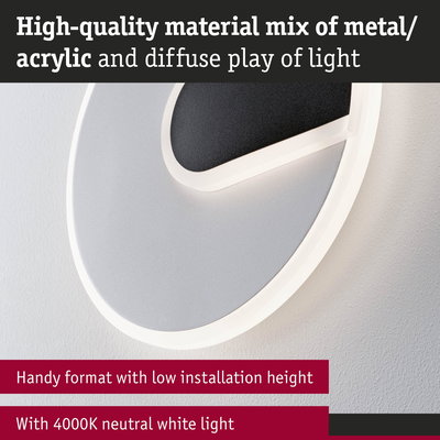 Round wall light in metal and acrylic white with 4000K neutral white light and low installation height