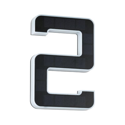 Solar-powered house number 2 with black surface and white frame for outdoor lighting