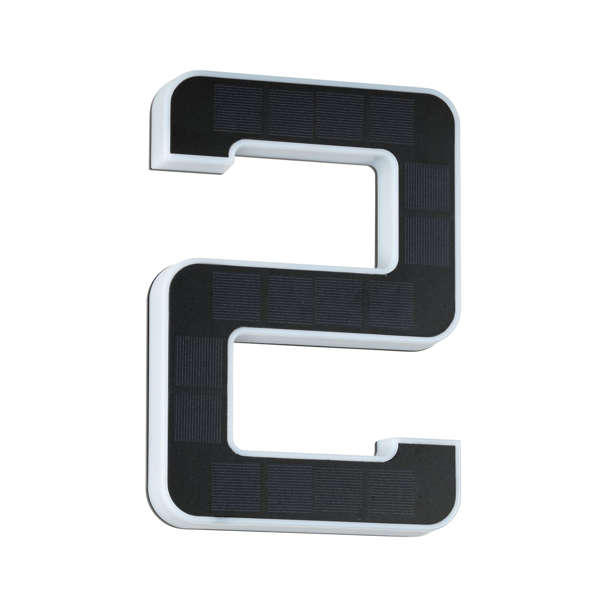 Solar-powered house number 2 with black surface and white frame for outdoor lighting