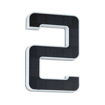 Solar-powered house number 2 with black surface and white frame for outdoor lighting