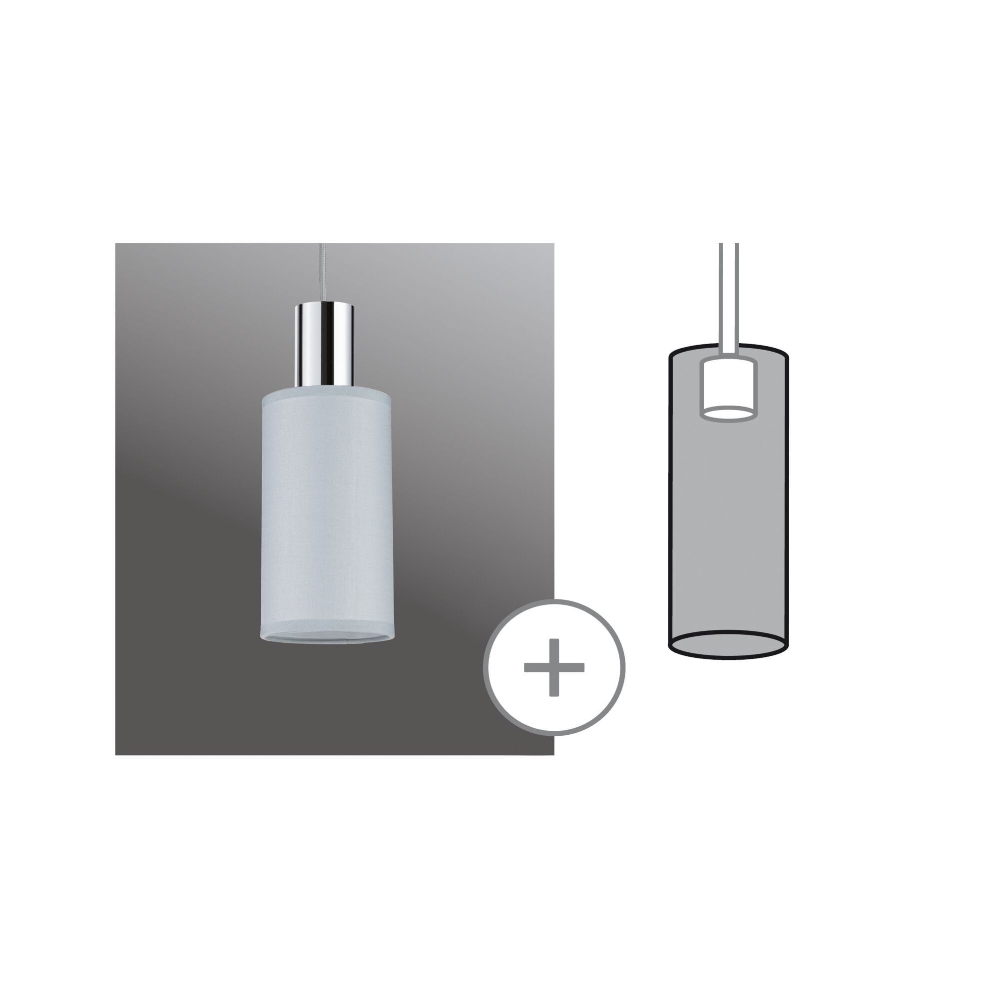 Pendant lamp with cylindrical white fabric shade and chrome metal top for modern indoor lighting