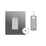Pendant lamp with cylindrical white fabric shade and chrome metal top for modern indoor lighting