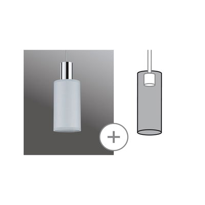 Pendant lamp with cylindrical white fabric shade and chrome metal top for modern indoor lighting