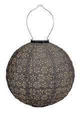 Round dark grey paper lantern with floral cutout pattern and metal handle for hanging, decorative light