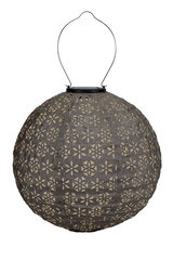 Round dark grey paper lantern with floral cutout pattern and metal handle for hanging, decorative light