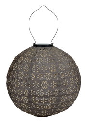 Ronde donkergrijze papieren lantaarn met bloemmotief en metalen handvat om op te hangen, decoratief licht