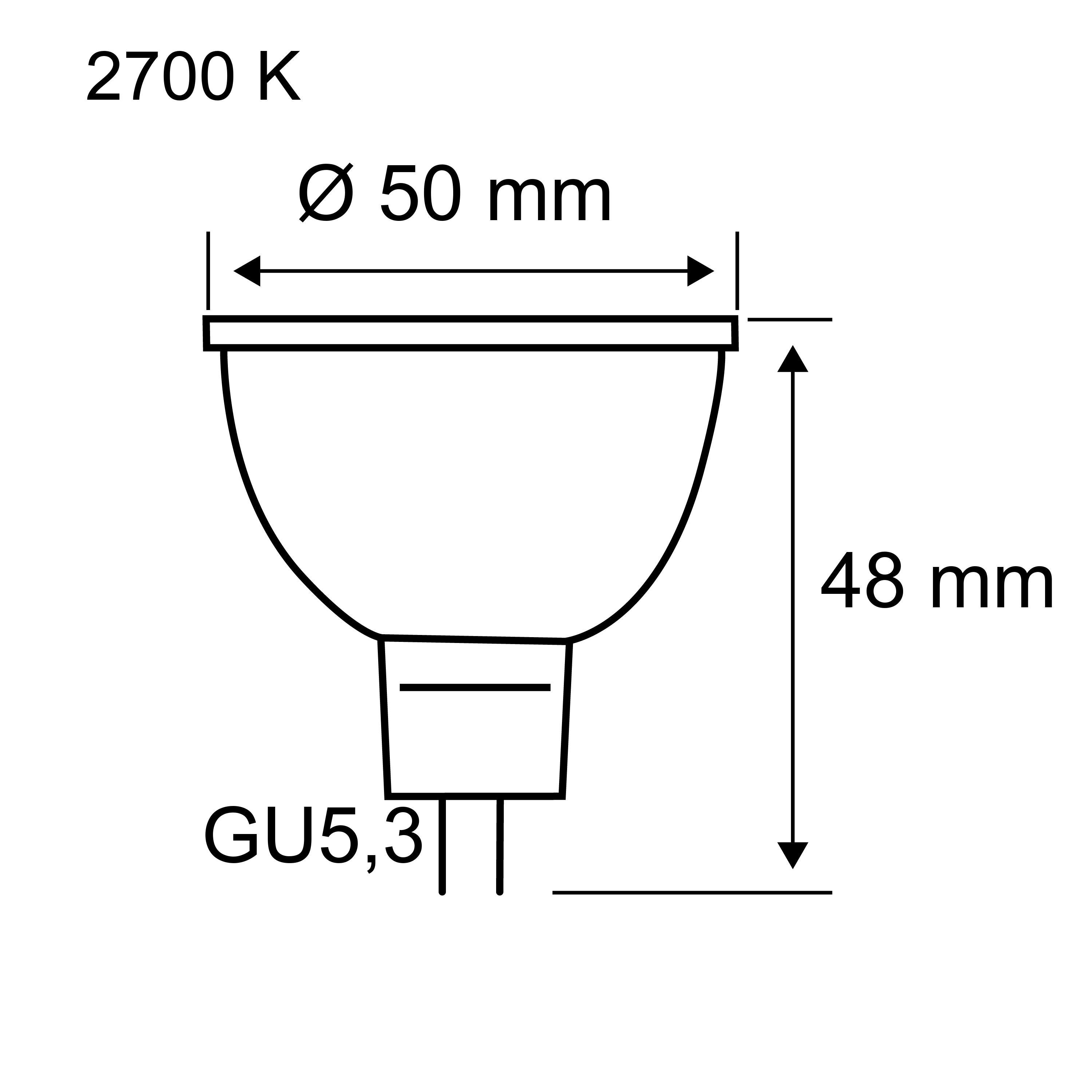 Technische Zeichnung einer GU5,3 LED-Lampe mit 50 mm Durchmesser und 48 mm Höhe, 2700 K Lichtfarbe