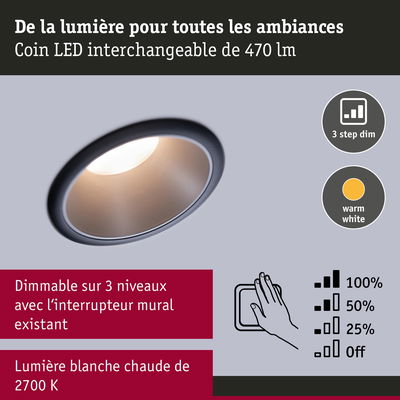 Spot LED encastré avec lumière blanc chaud 2700K et gradation 3 niveaux par interrupteur mural