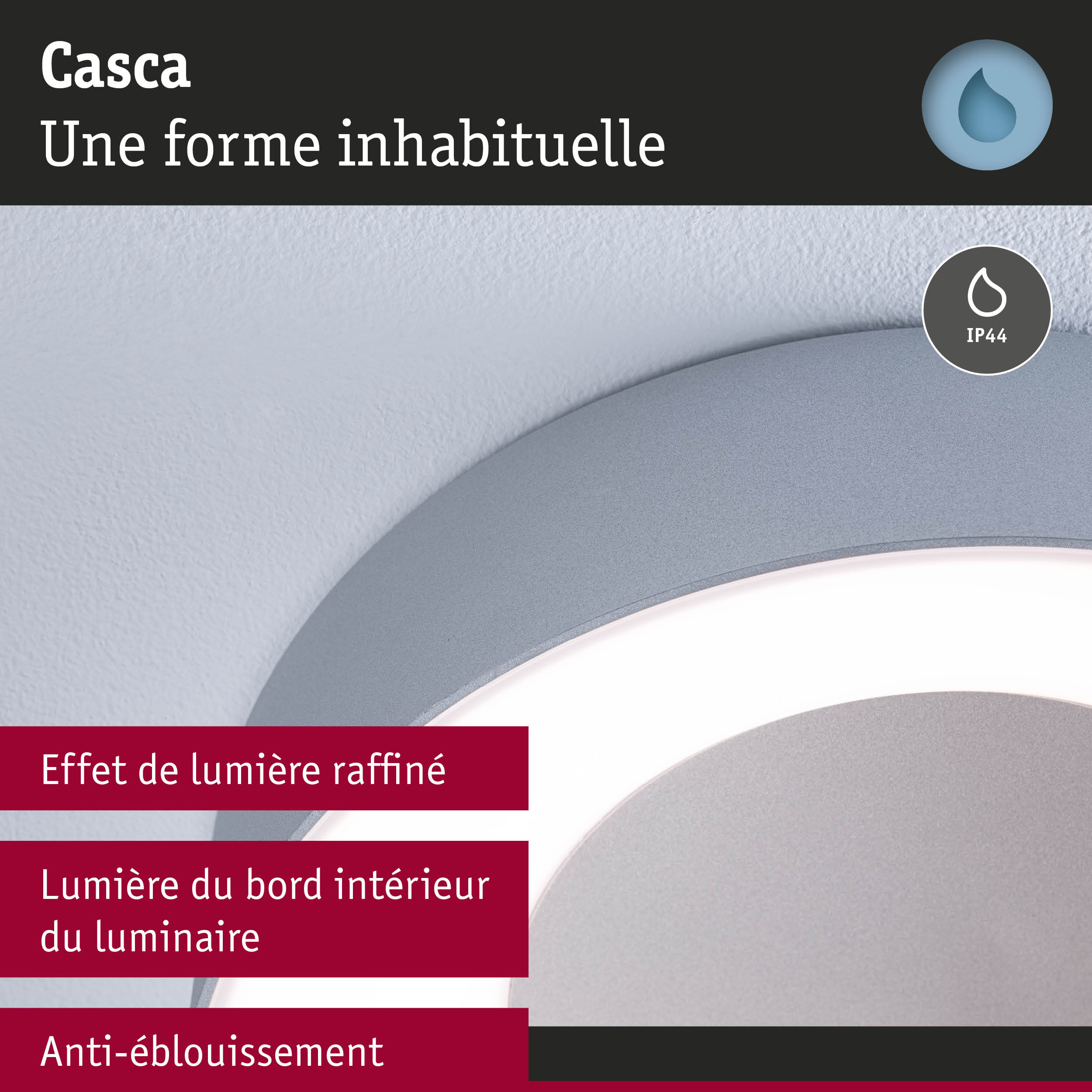 Plafonnier LED gris avec indice IP44 et effet anti-éblouissement pour éclairage intérieur