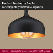 Black Embla pendant luminaire with gold interior and E27 socket for customizable lighting