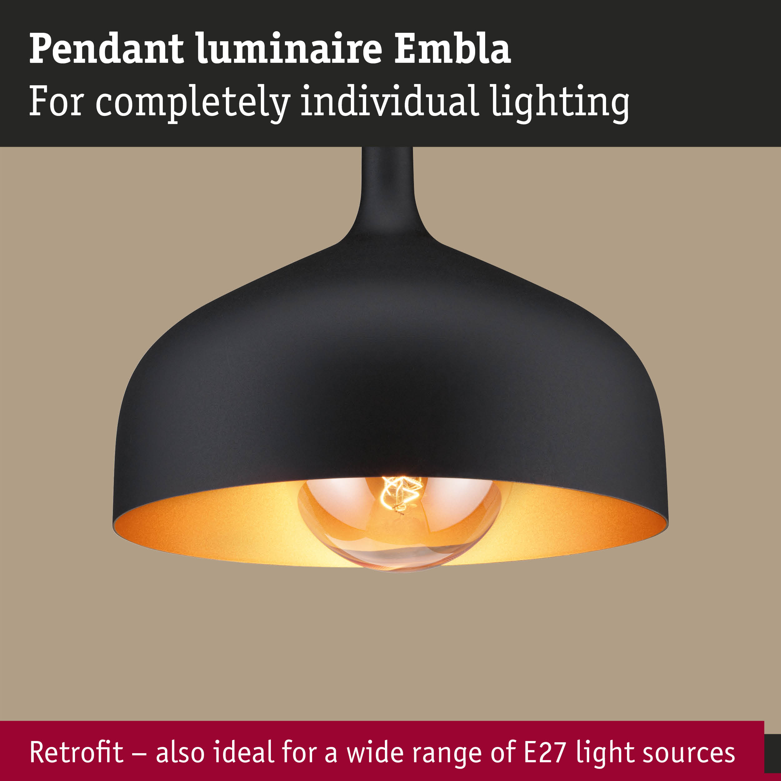 Black Embla pendant luminaire with gold interior and E27 socket for customizable lighting