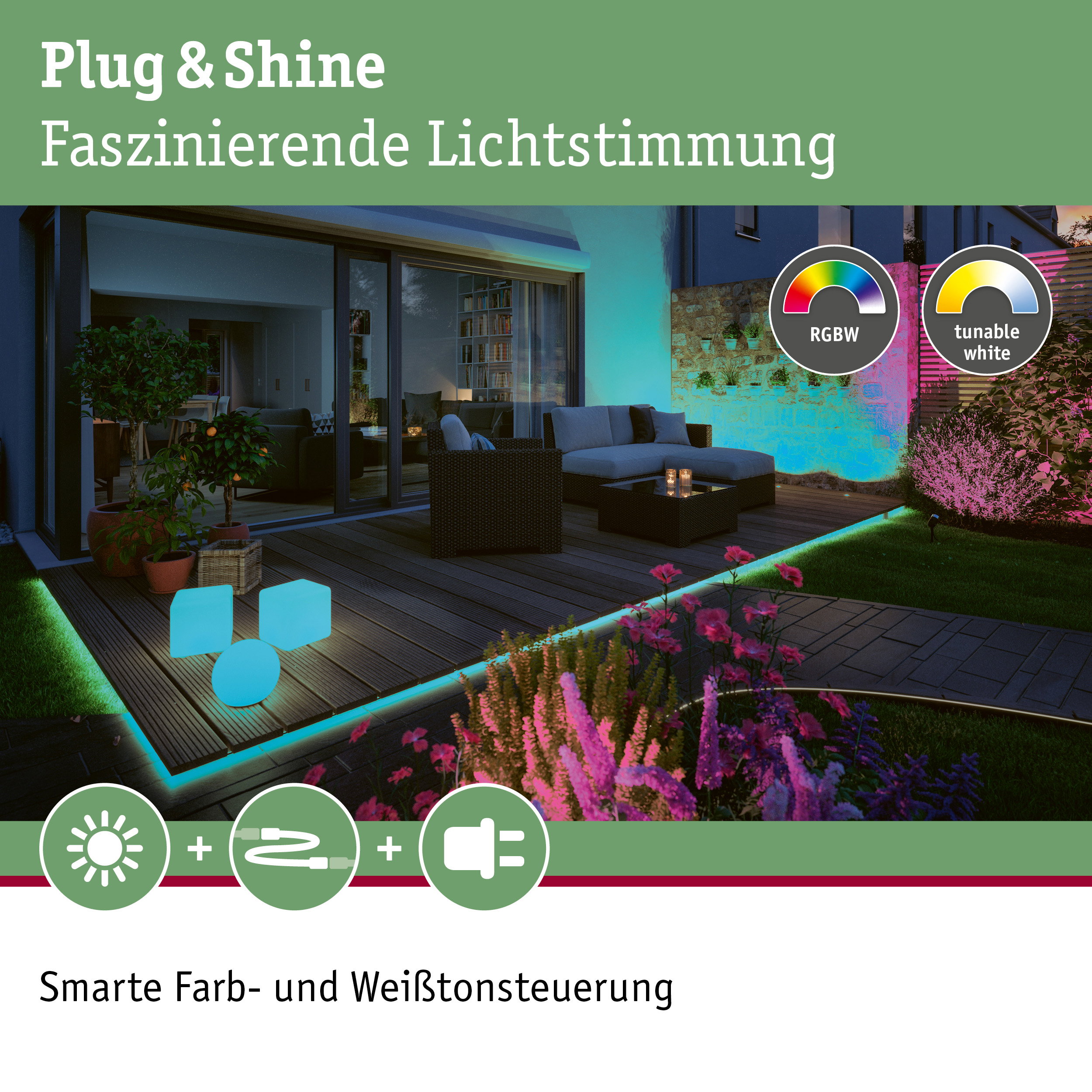 Outdoor-Terrasse mit moderner RGBW LED-Beleuchtung und dimmbarer Weißtonsteuerung für Gartenambiente
