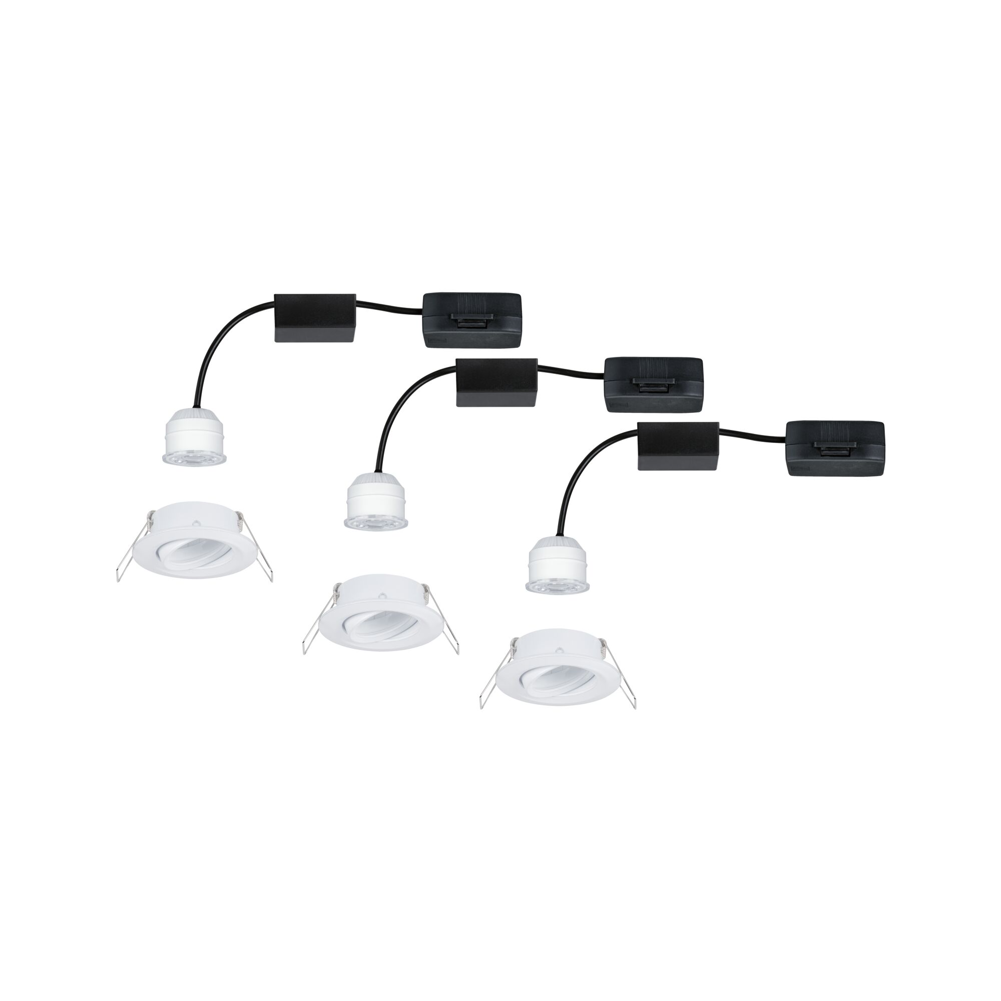 Weißer LED-Einbaustrahler mit schwarzem Kabel und Steckverbindern, energiesparende Deckenbeleuchtung