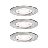 Drie ronde inbouwspots van geborsteld roestvrij staal met warm wit LED-licht voor moderne interieurs