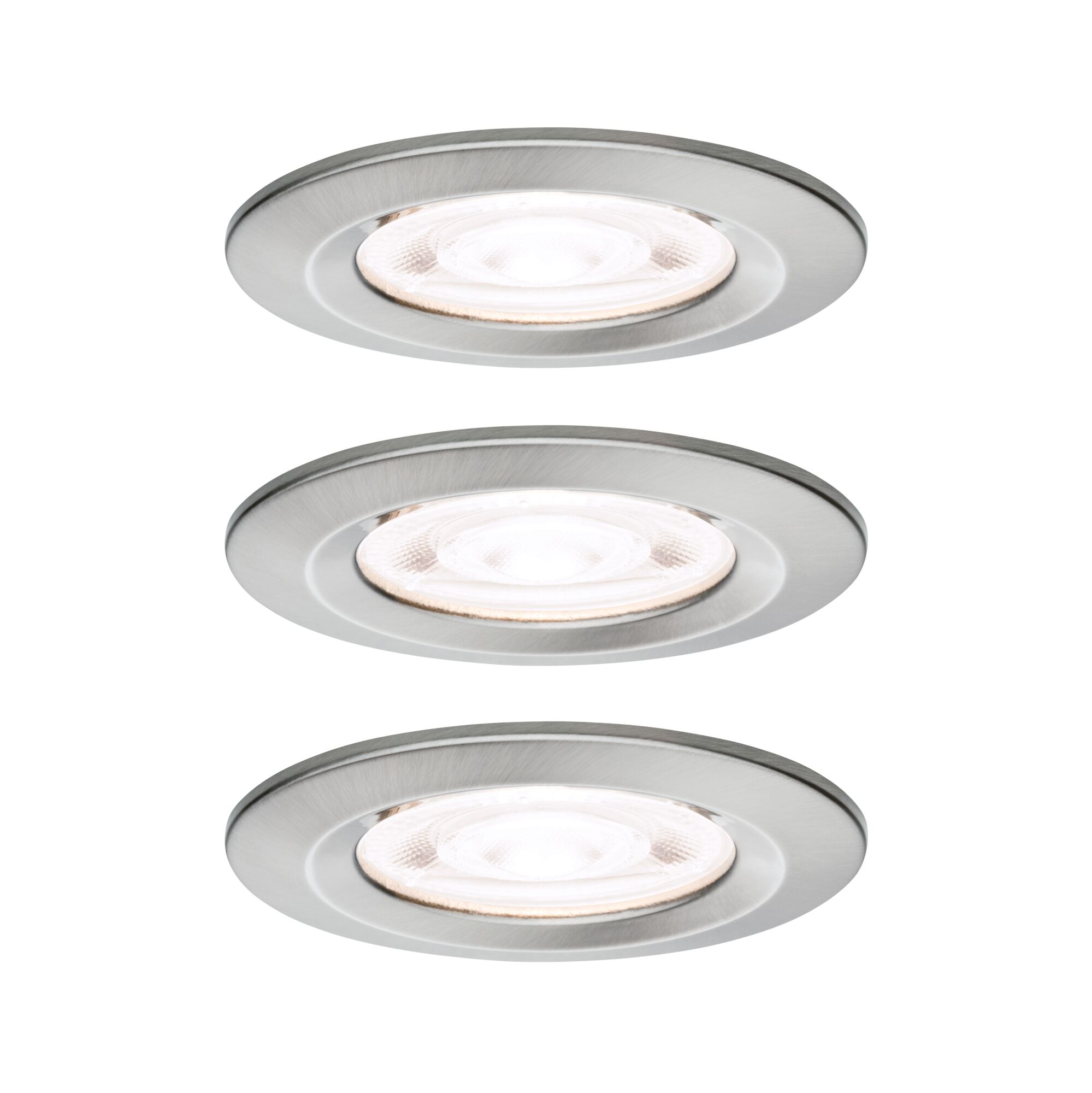 Drei runde Einbauleuchten aus gebürstetem Edelstahl mit warmweißem LED-Licht für moderne Innenräume