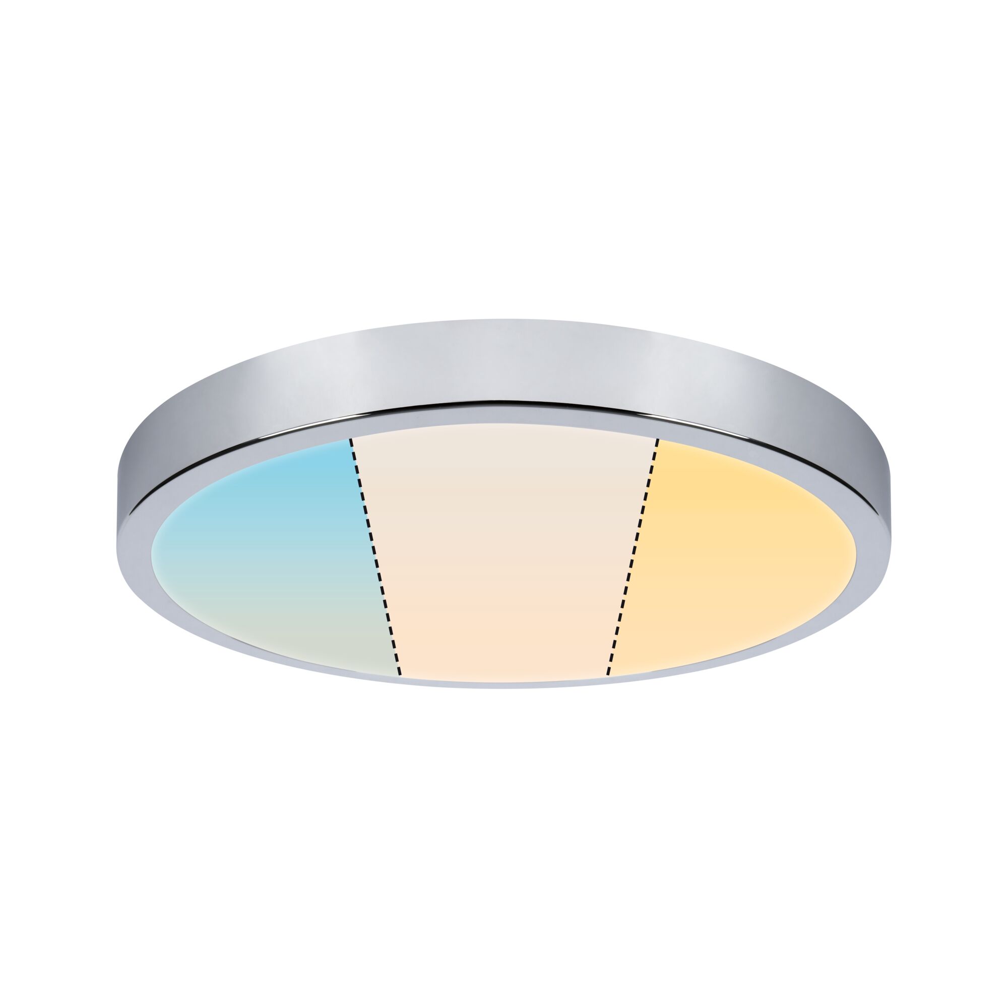 Ronde LED-plafondlamp met zilverkleurige metalen rand en instelbare kleurtemperatuur van koel tot warm.