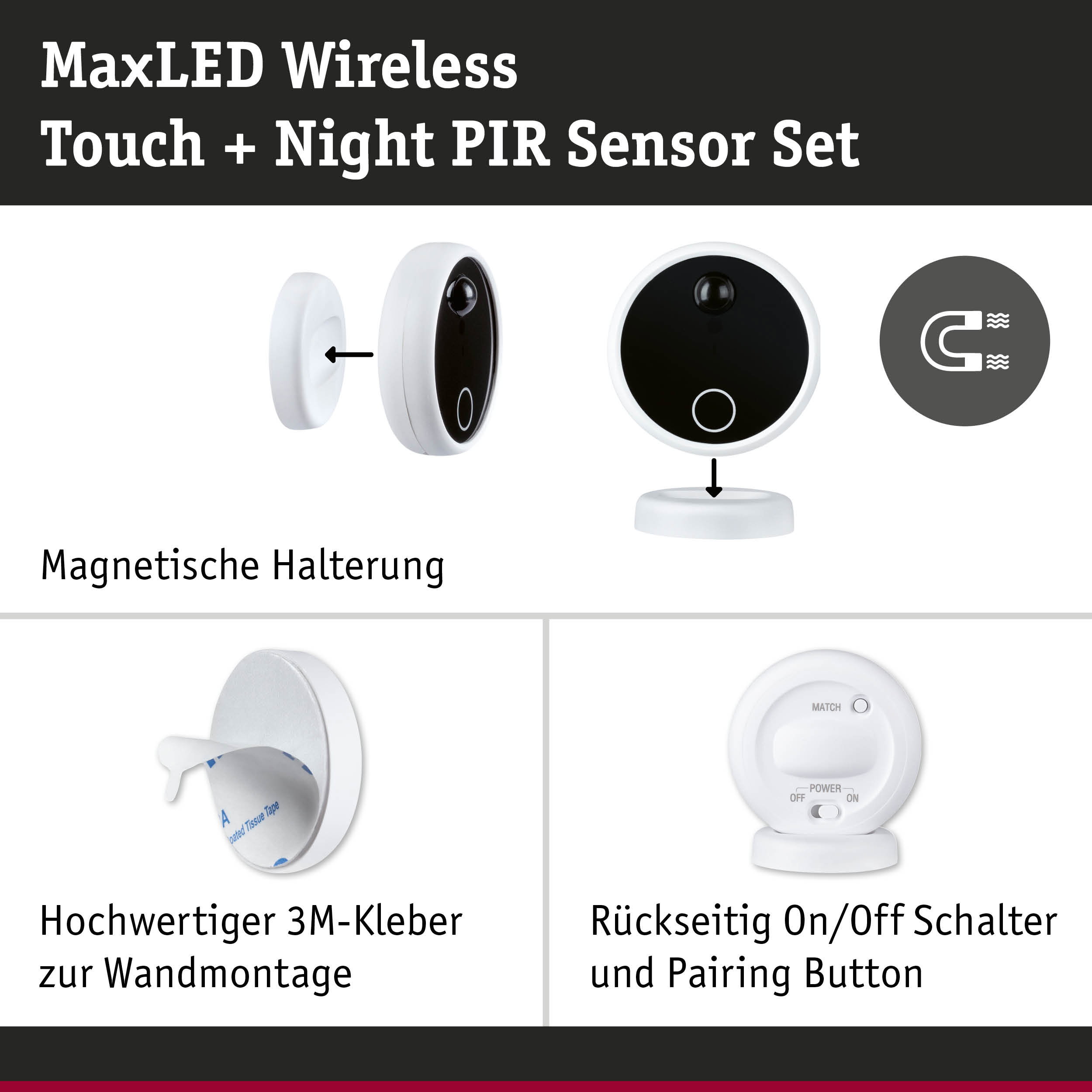 MaxLED Wireless Touch und Night PIR Sensor Set mit magnetischer Halterung und 3M Kleber zur Wandmontage