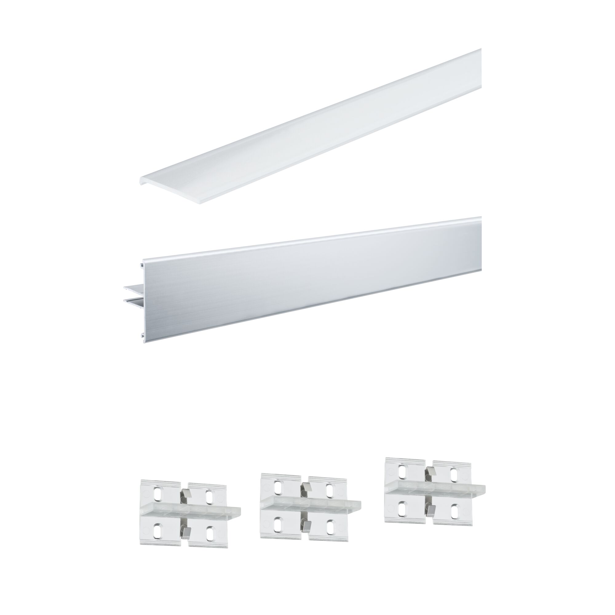 Zilverkleurig aluminium LED-profiel met witte diffuser en transparante montagclips voor LED-strips.