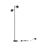 Black metal floor lamp with two adjustable spotlights and foot switch for living room lighting