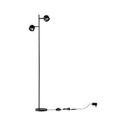 Black metal floor lamp with two adjustable spotlights and foot switch for living room lighting