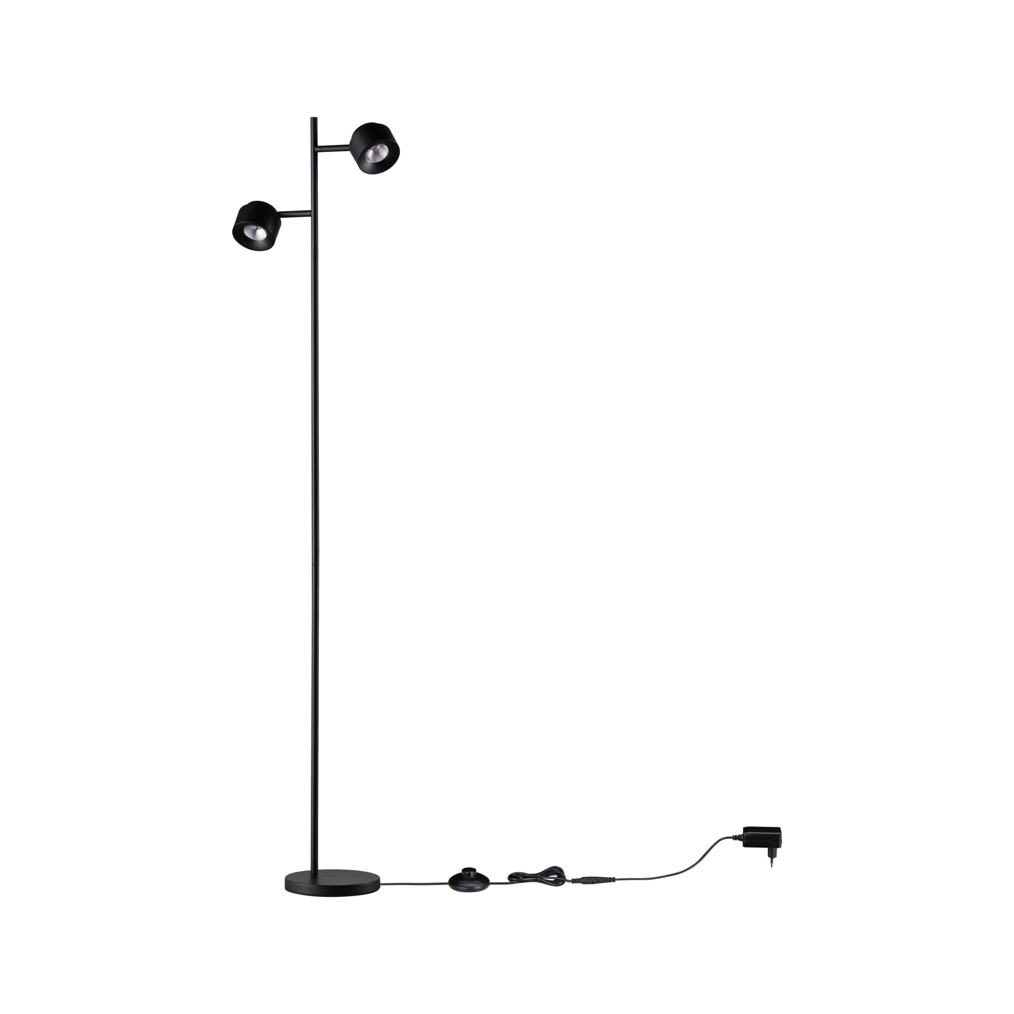 Black metal floor lamp with two adjustable spotlights and foot switch for living room lighting