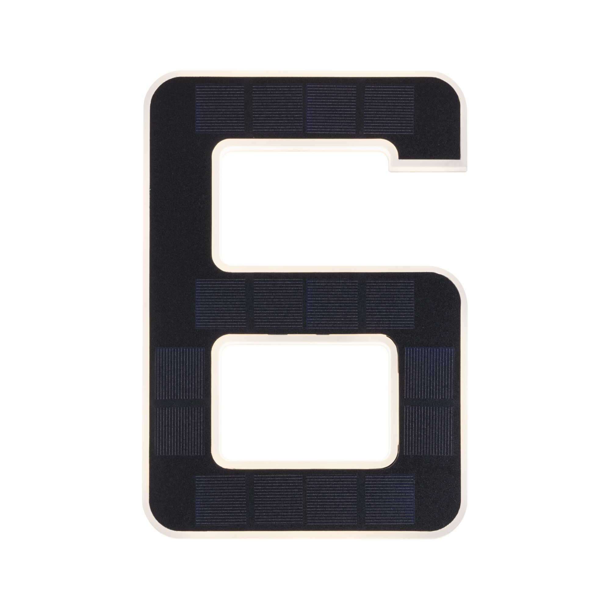 Illuminated house number 6 with black solar panels and white frame for outdoor lighting.