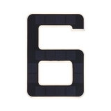 Illuminated house number 6 with black solar panels and white frame for outdoor lighting.