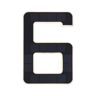 Illuminated house number 6 with black solar panels and white frame for outdoor lighting.