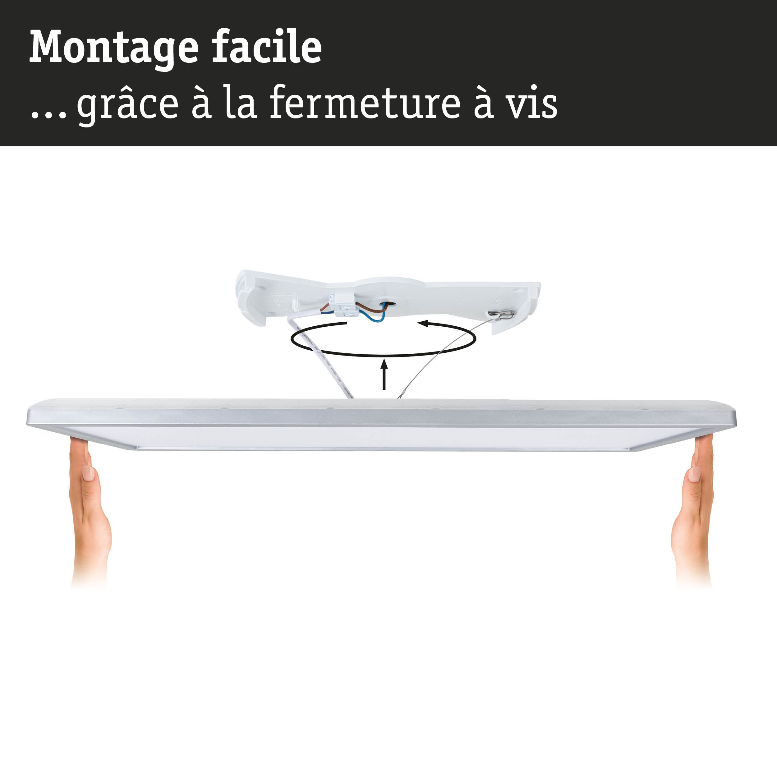 Plafonnier LED blanc avec montage facile par vis et câblage visible pour installation