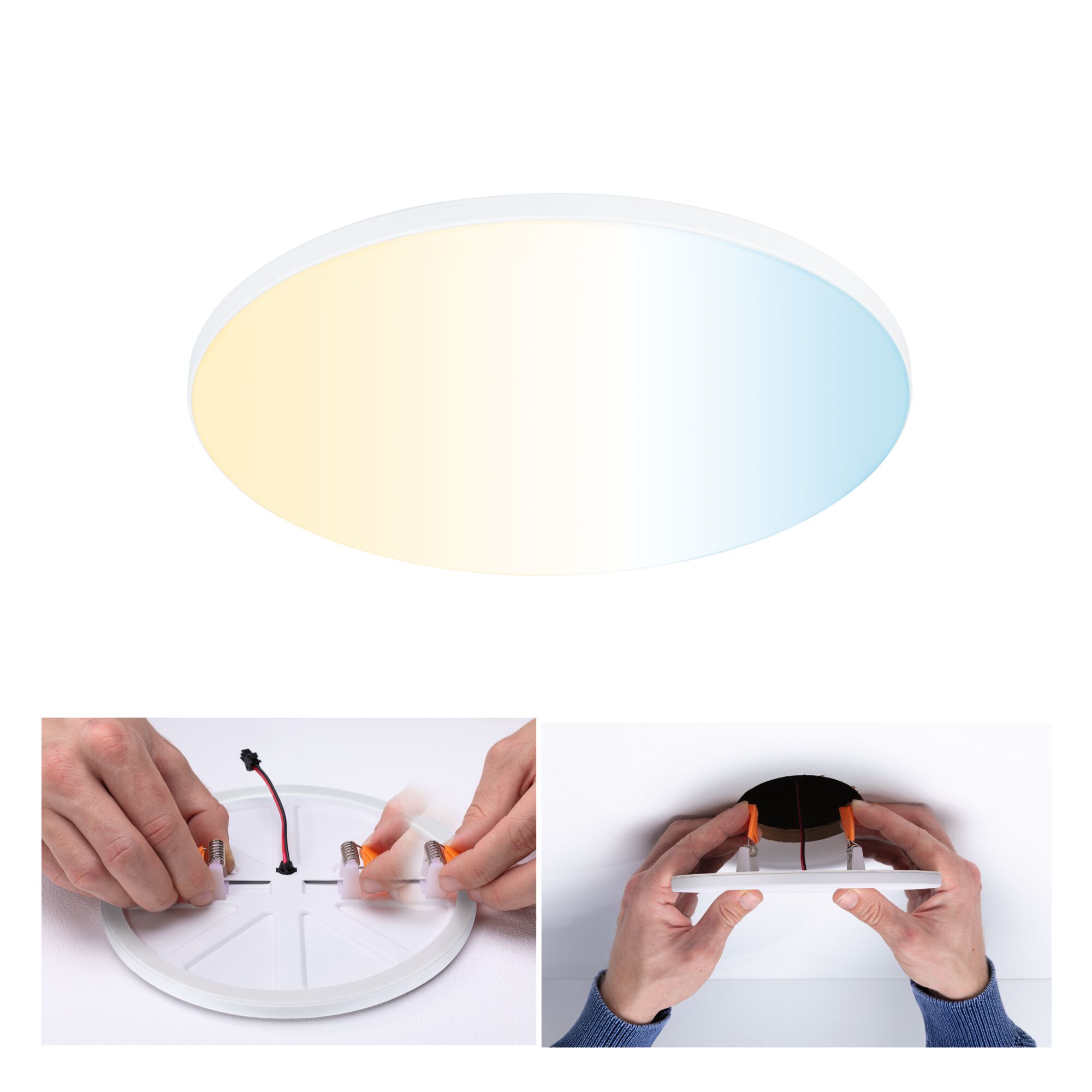 Round LED ceiling light with adjustable color temperature in white, mounted using spring clips.