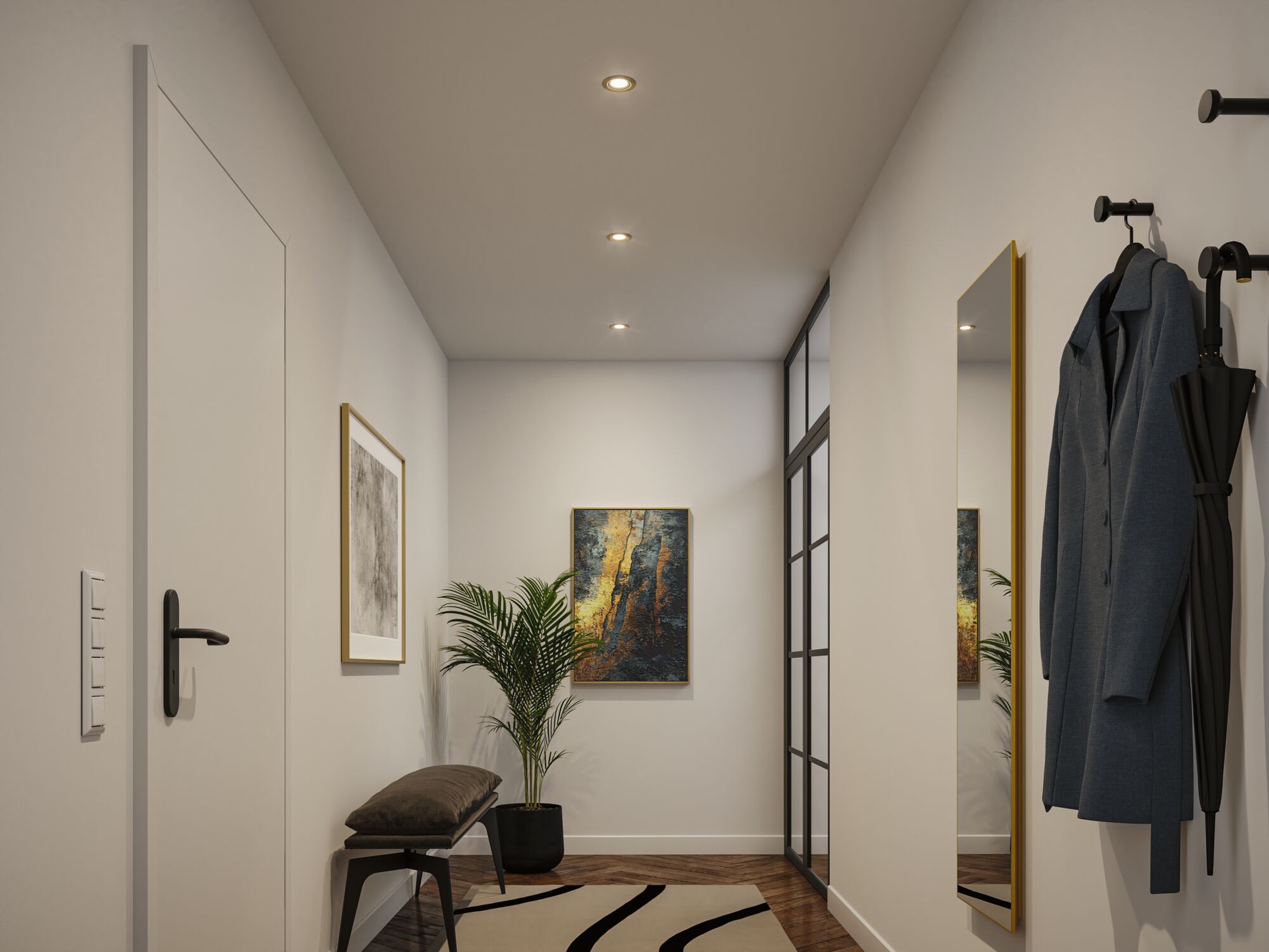 Moderne hal met witte muren, houten vloer, bankje, planten en drie inbouwspots in het plafond