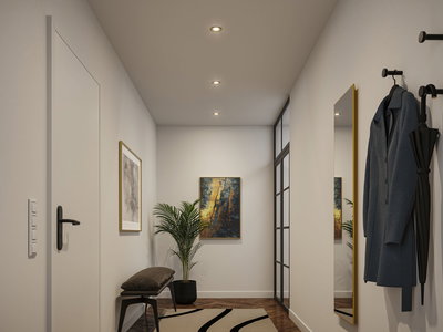 Moderne entré med hvide vægge, trægulv, bænk, planter og tre indbyggede loftslamper