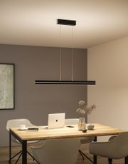 Black metal LED pendant light above light wooden table in modern office space