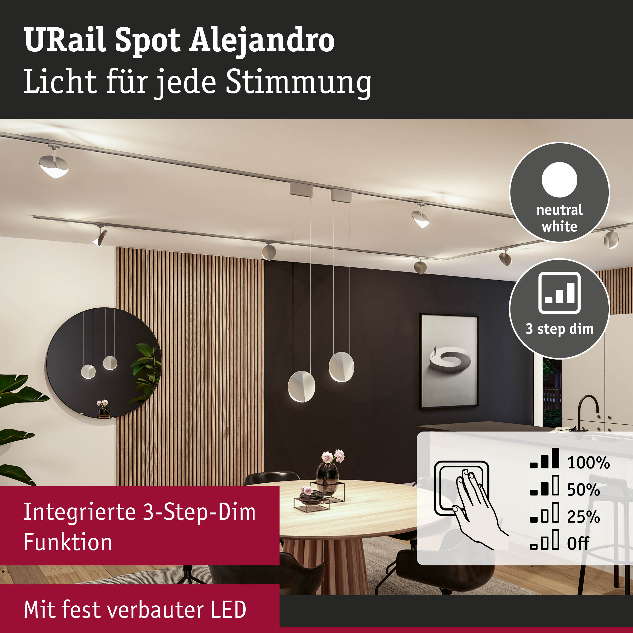 URail Spot Alejandro Deckenstrahler in Weiß mit integrierter 3-Stufen-Dimmfunktion und fest verbauter LED