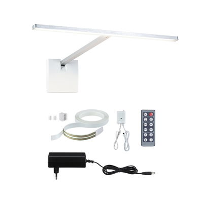 Modern white LED wall light with remote control, power adapter, and adhesive tape for flexible lighting.