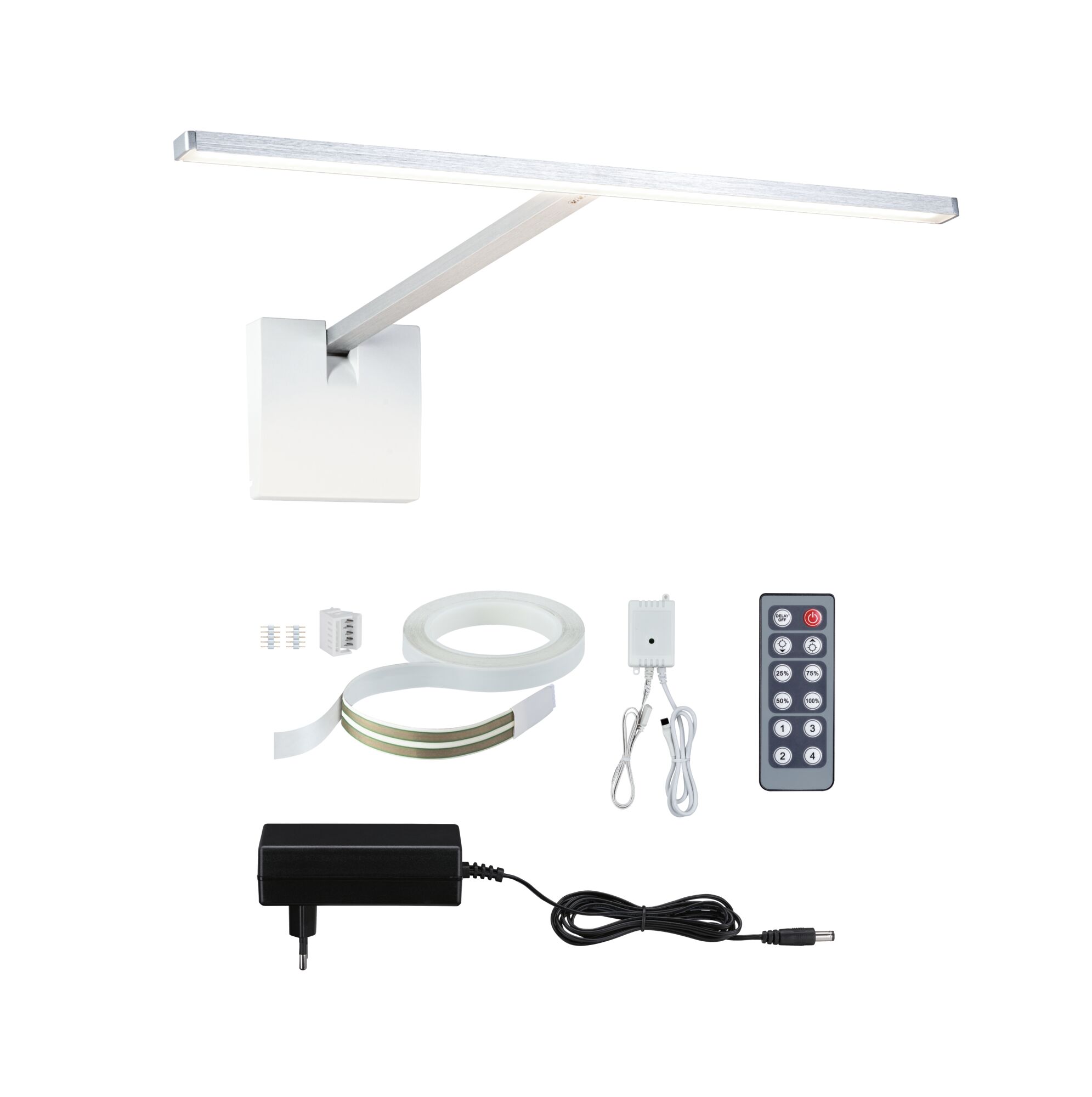 Oświetlenie obrazu LED Xana 2700K 420lm 230/24V 5,5W ściemnialny Alu satynowane Modern white LED wall light with remote control, power adapter, and adhesive tape for flexible lighting.